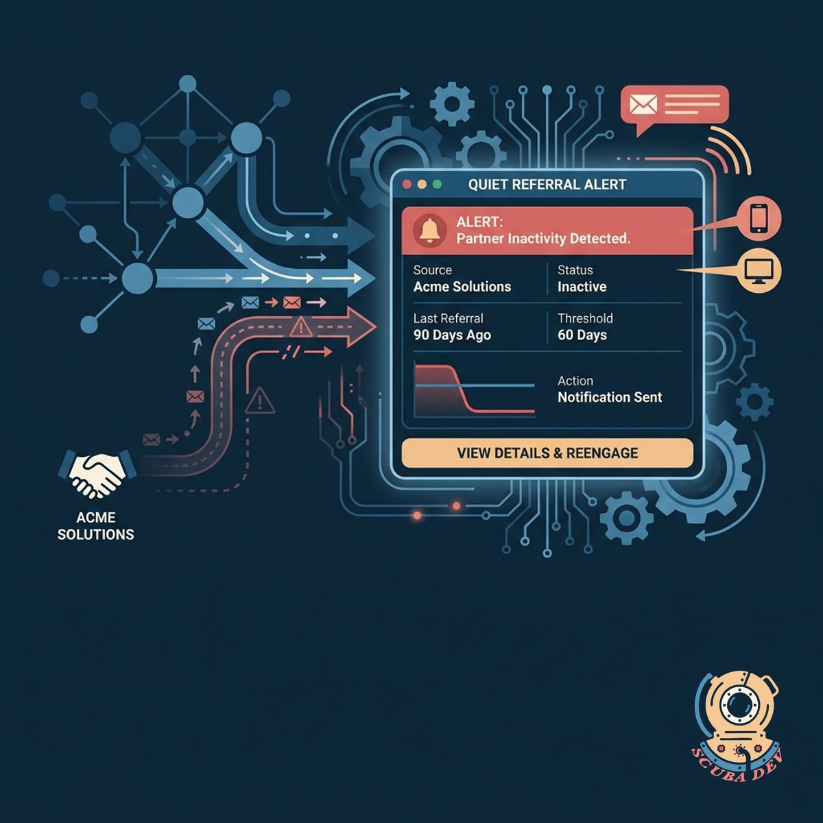 A dashboard interface displaying an automated alert that flags a specific referral partner who has not sent any new leads in the past thirty days.