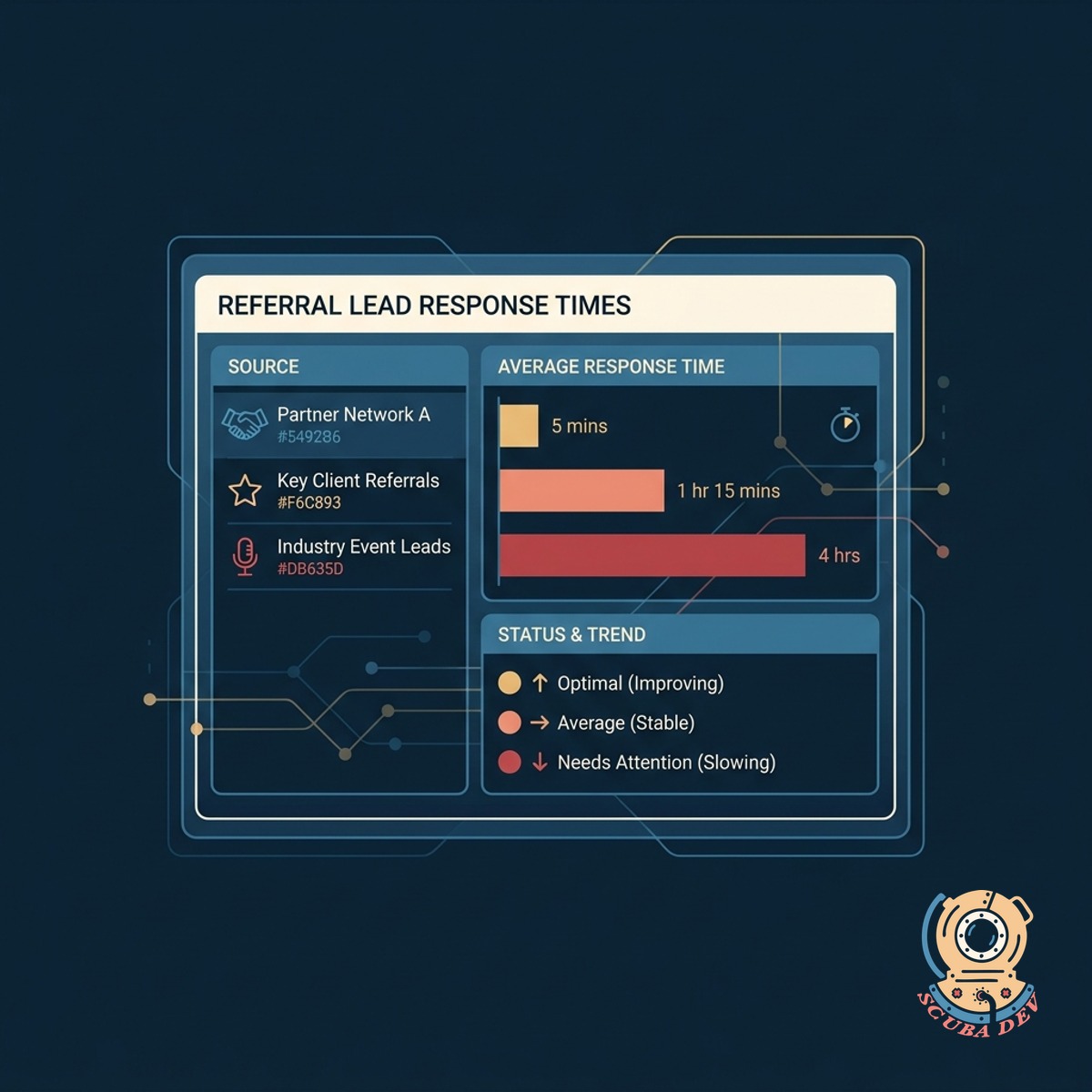 A timing dashboard showing average response metrics for incoming leads categorized by their original referral source.