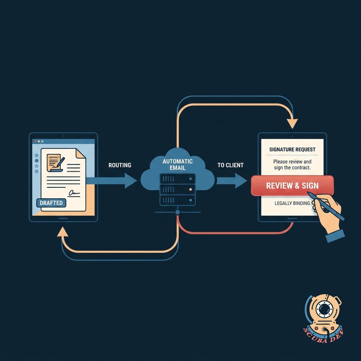 A digital email inbox interface displaying an automated message that delivers a secure document link to a client for their electronic signature.