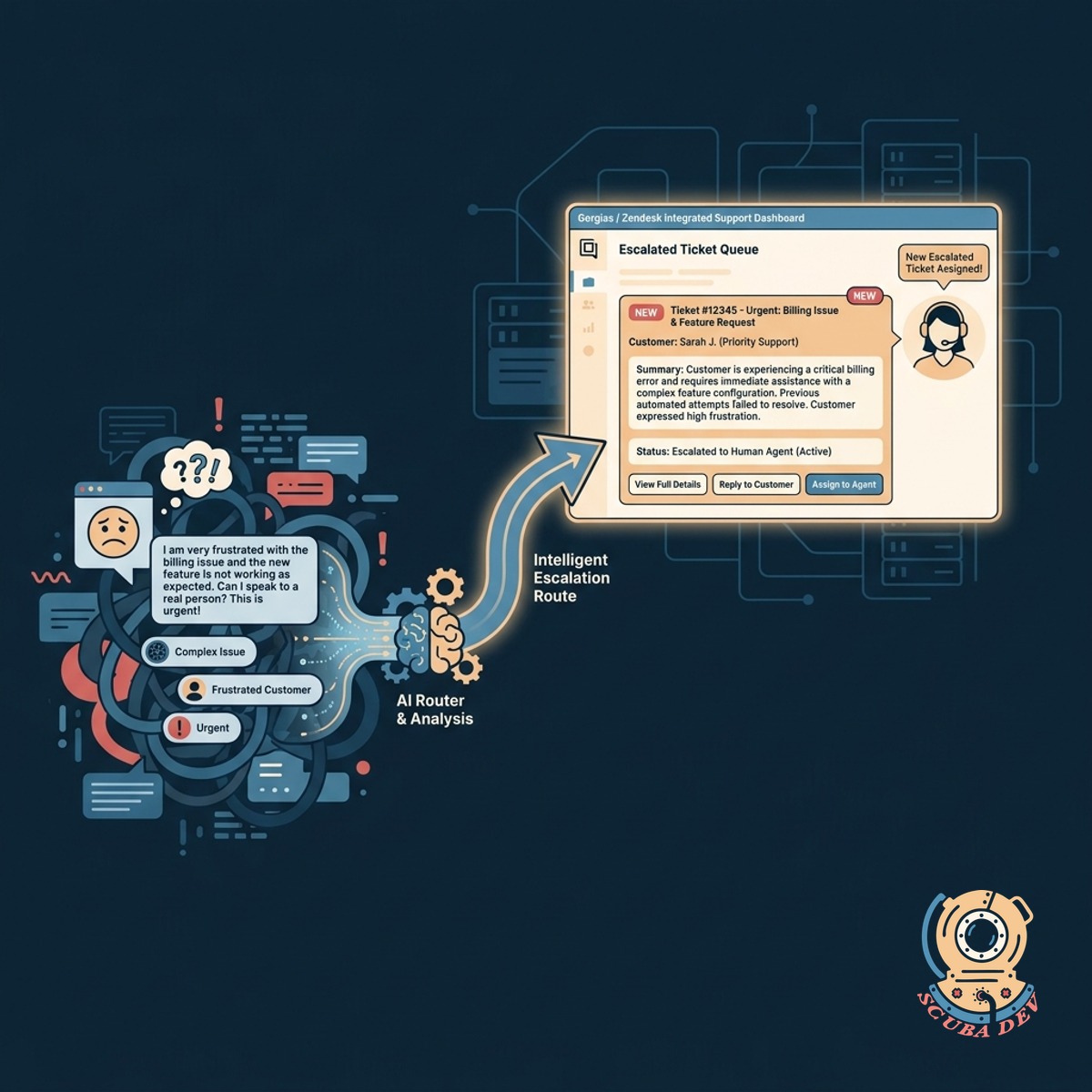 A workflow graphic illustrating an automated text conversation being seamlessly transferred to a human customer support agent dashboard.