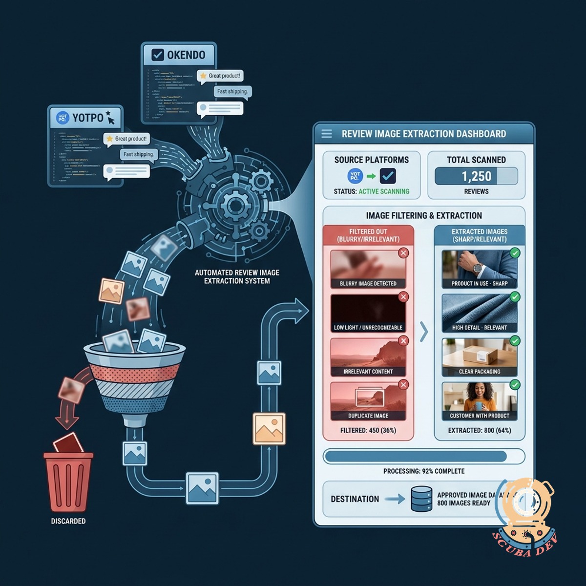 A dashboard interface displaying a grid of customer review photos with automated tags indicating image clarity and product relevance.