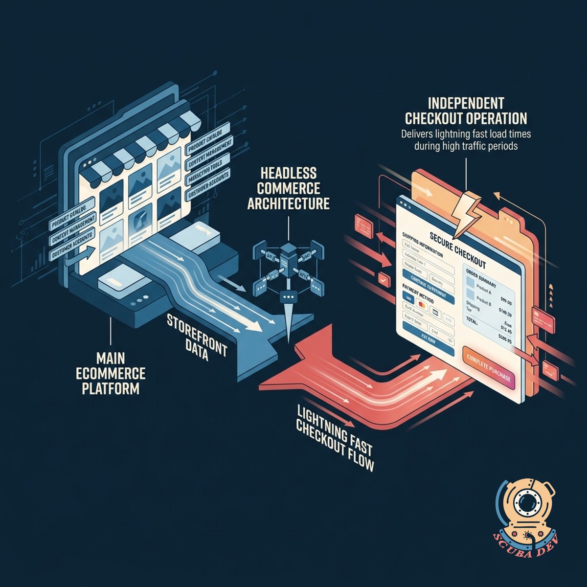 A diagram illustrating a headless commerce setup where the frontend checkout layer connects seamlessly to a backend payment processor via API.