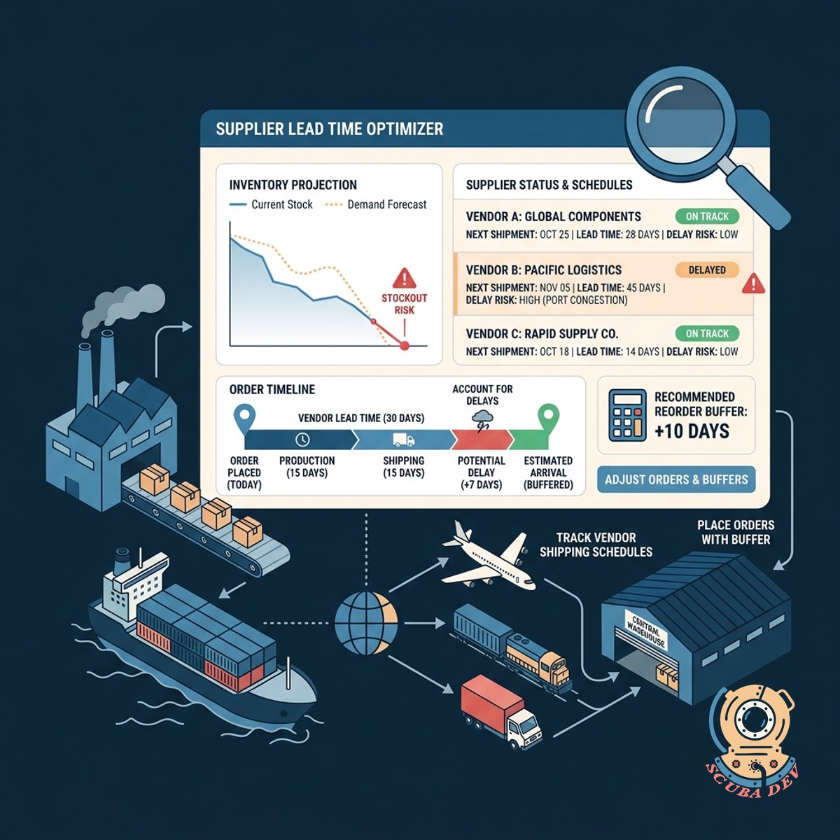 A timeline graphic displaying vendor order dates, transit times, and expected warehouse arrival dates for different suppliers.
