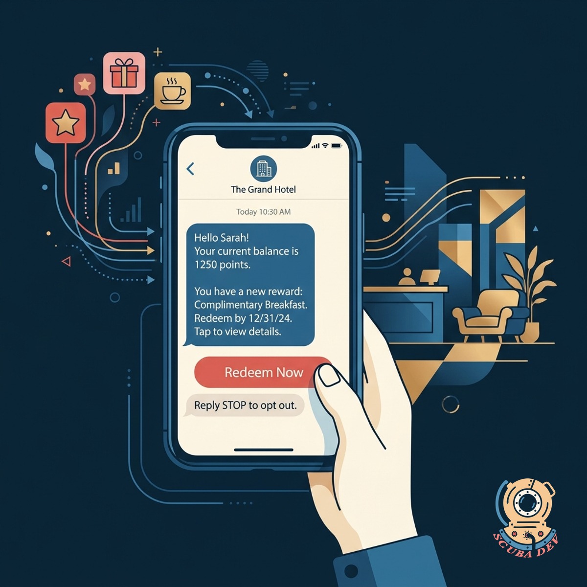 A smartphone screen displaying a text message conversation where a customer receives a loyalty reward notification.