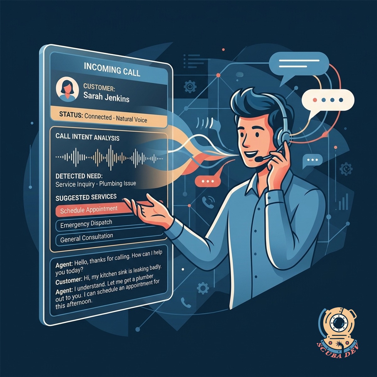 A stylized phone receiver surrounded by sound waves and speech bubbles indicating an automated conversation.