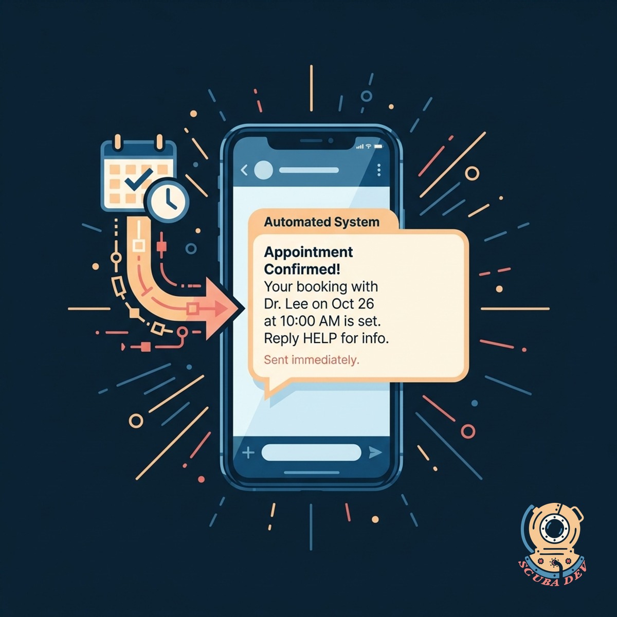 A smartphone screen displaying a new text message notification with appointment details and a calendar icon.