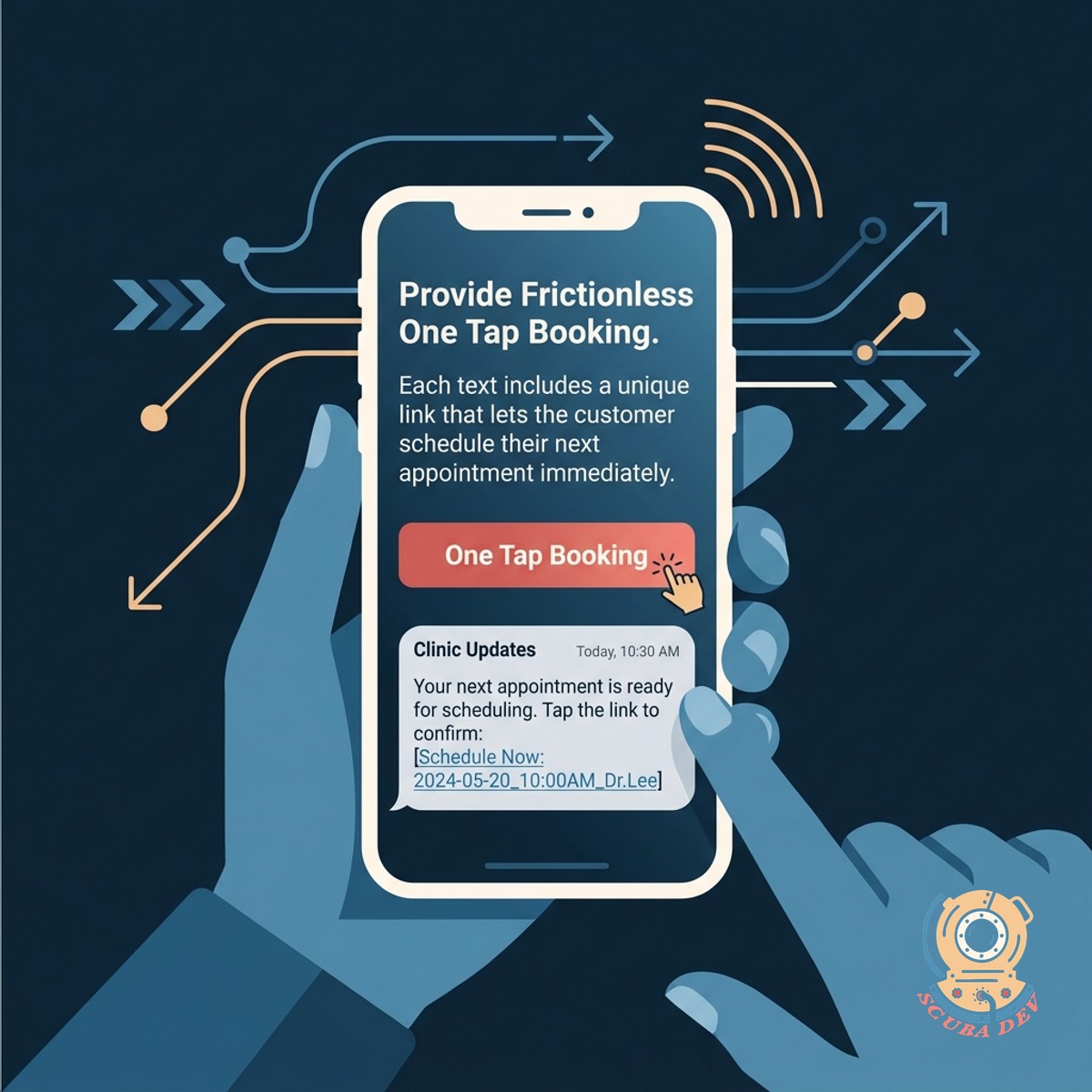 A close up of a smartphone screen showing a finger tapping a prominent booking link inside a text message conversation.