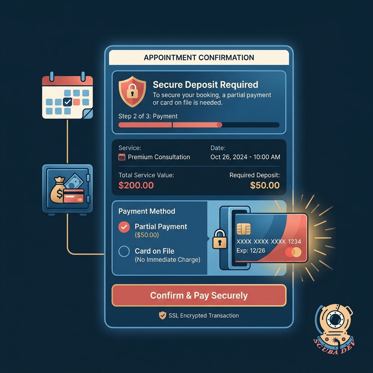 A checkout screen displaying a secure credit card form and a summary of the required deposit amount for booking.