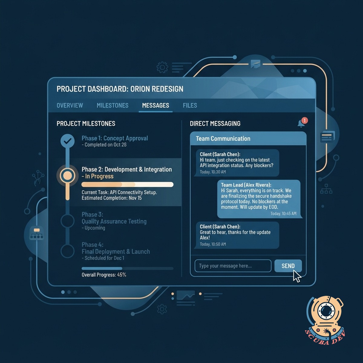 A project milestone tracker displaying completed tasks alongside a chat interface for team communication.