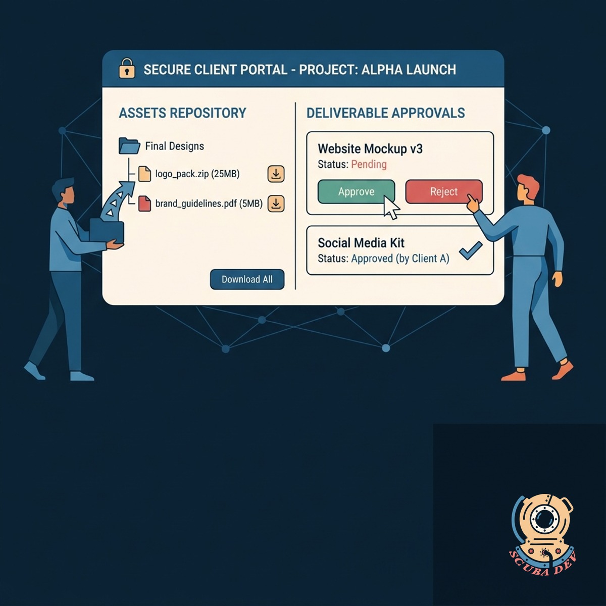 A file management screen showing downloadable project assets and a button to approve pending deliverables.