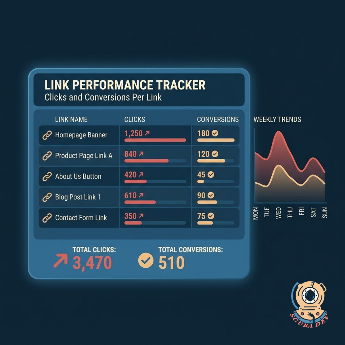 A dashboard displaying bar charts and click metrics next to a list of active links with revenue totals.