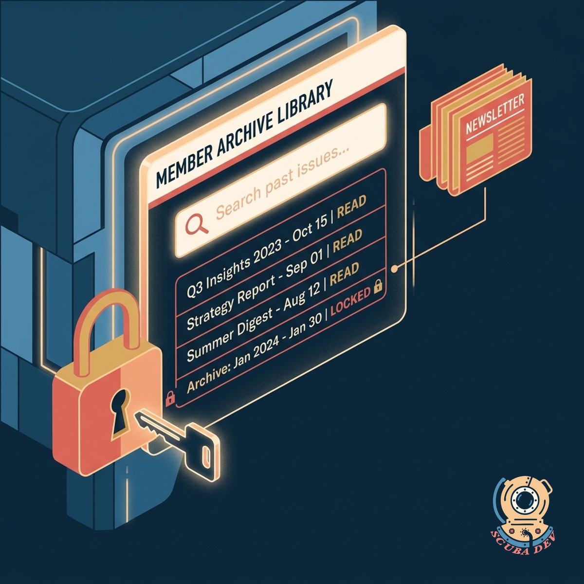 A locked content library interface showing a search bar, categorized article folders, and a secure access prompt for premium newsletter issues.