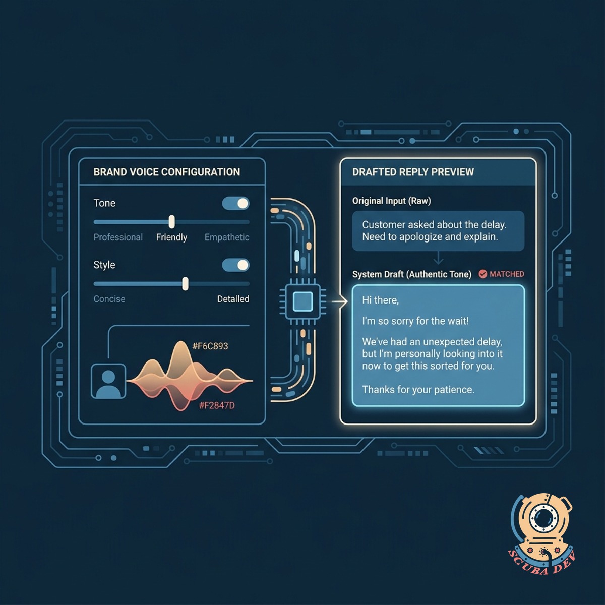 Settings panel where a user selects the tone of voice and adds custom vocabulary for the review response generator.