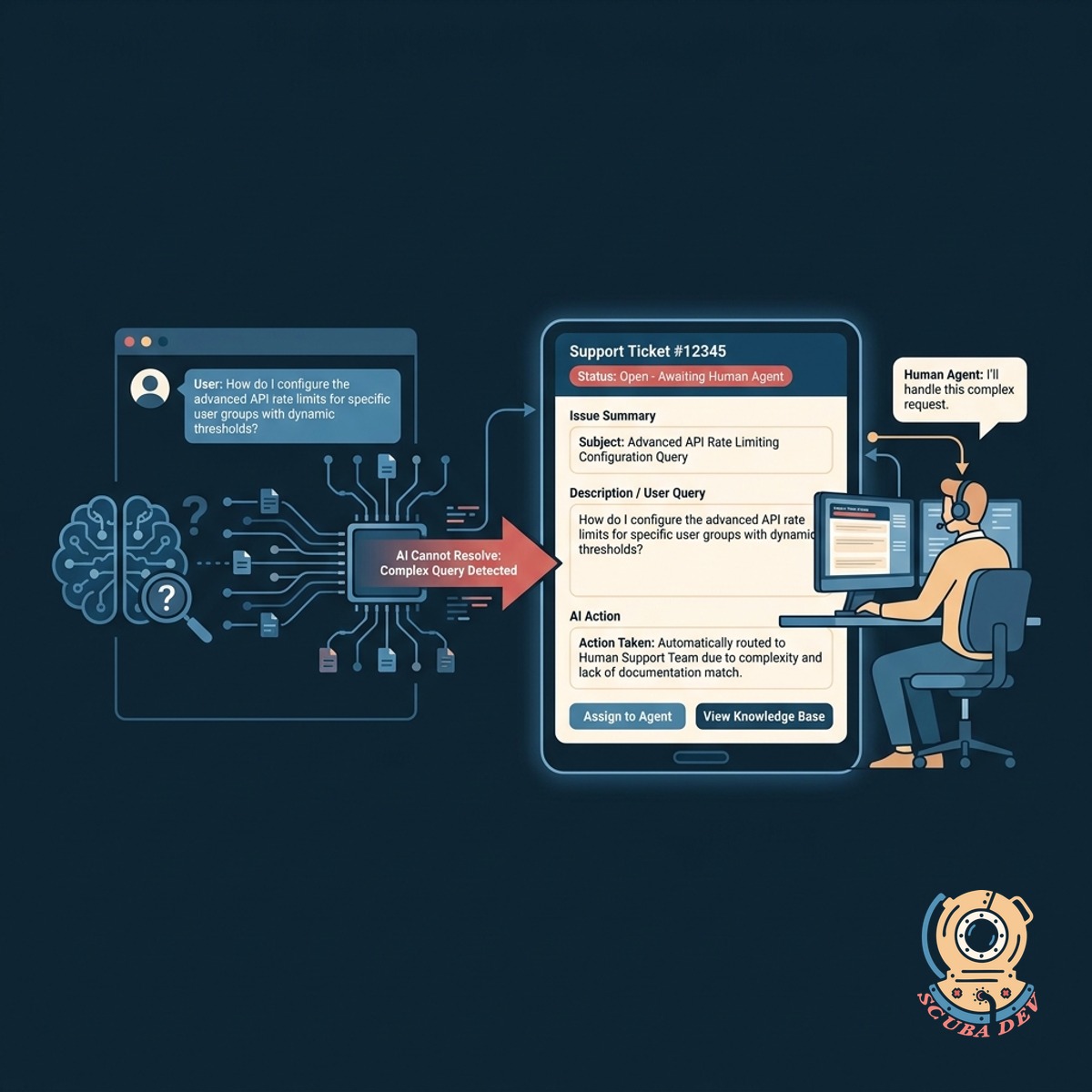A workflow graphic showing an unanswered user question bypassing the AI and routing directly to a human support agent queue.