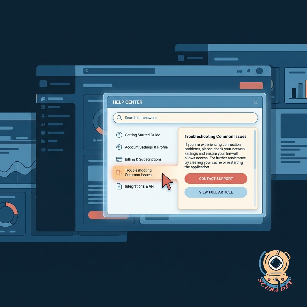 A software interface featuring a branded help widget in the bottom corner displaying an active conversation.