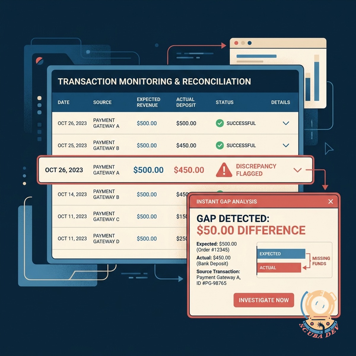 A detailed interface illustration showing a list of matched transactions with a specific mismatched row highlighted to indicate a gap in expected revenue.