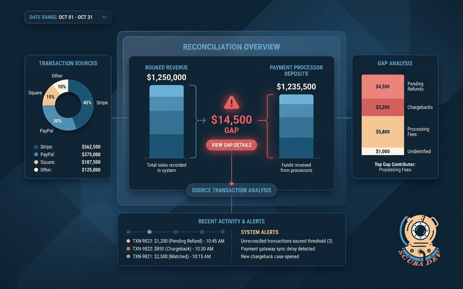 A software dashboard illustration displaying daily booked revenue totals next to actual payment processor deposits with a highlighted section for flagged transaction discrepancies.