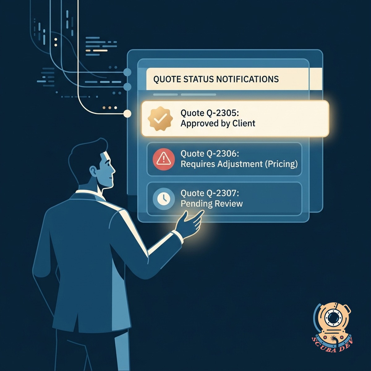 A user interface showing a sales dashboard where a quote status changes from pending to approved, triggering a notification badge for the sales rep.