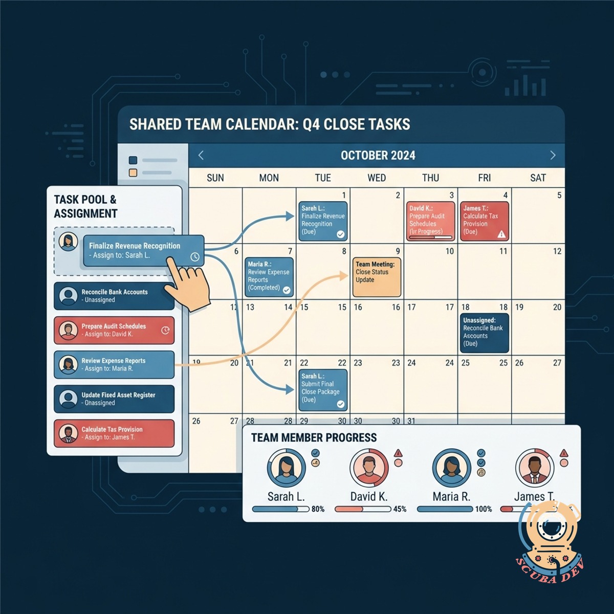 A calendar interface displaying color coded tasks assigned to different team members with varying completion statuses.