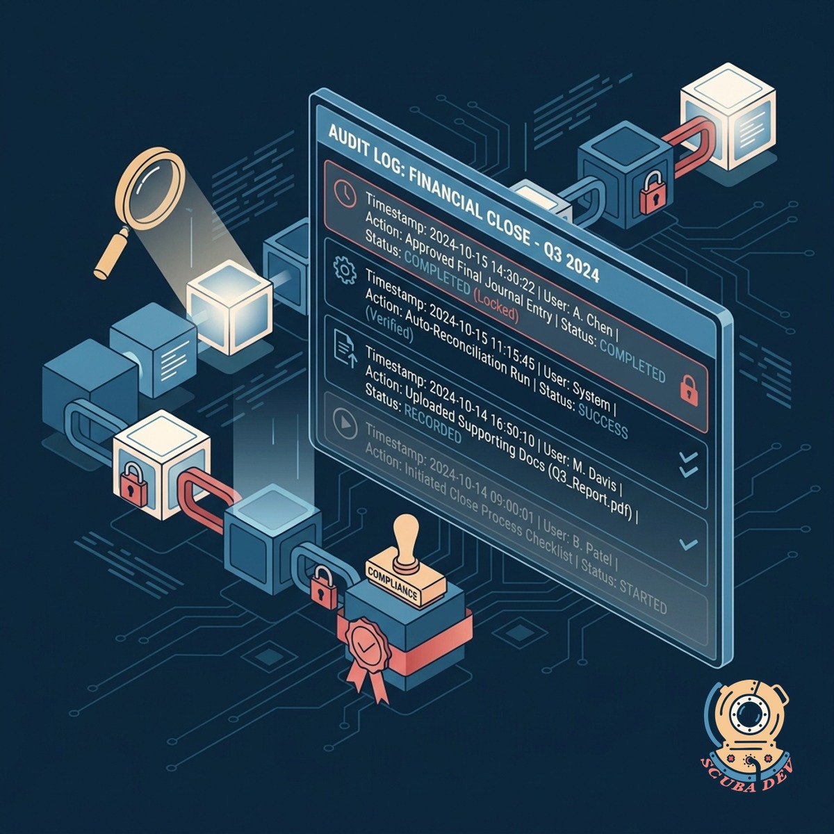 A digital logbook interface showing a list of user actions, timestamps, and completed tasks in a secure environment.