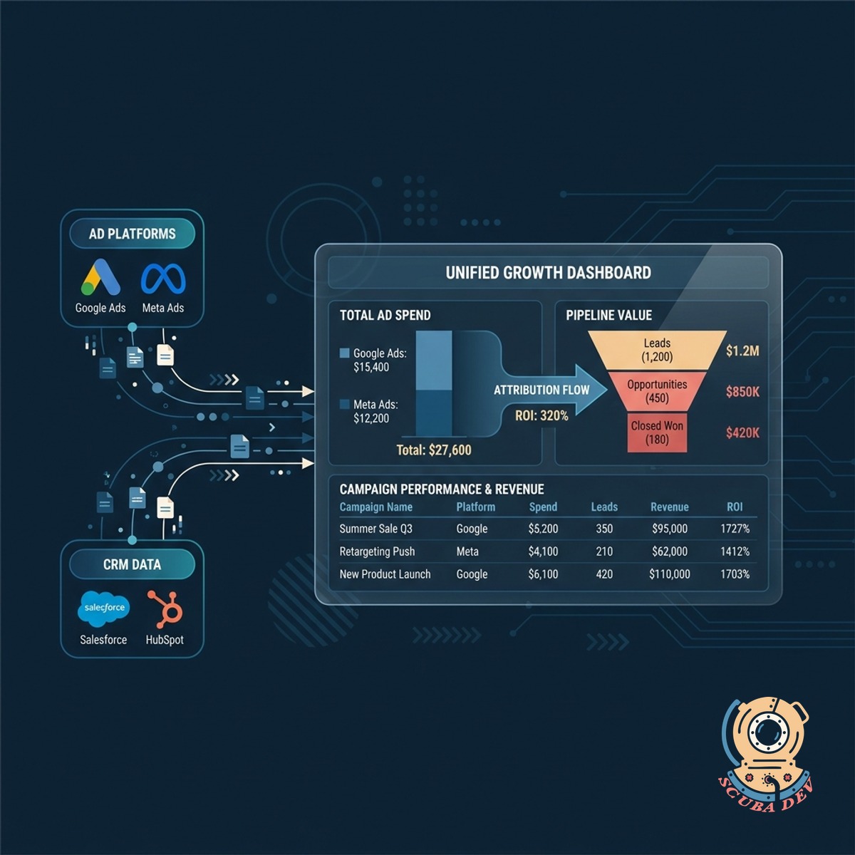 A visual flow showing logos for Google Ads and Meta connecting into a central dashboard alongside HubSpot and Salesforce logos.