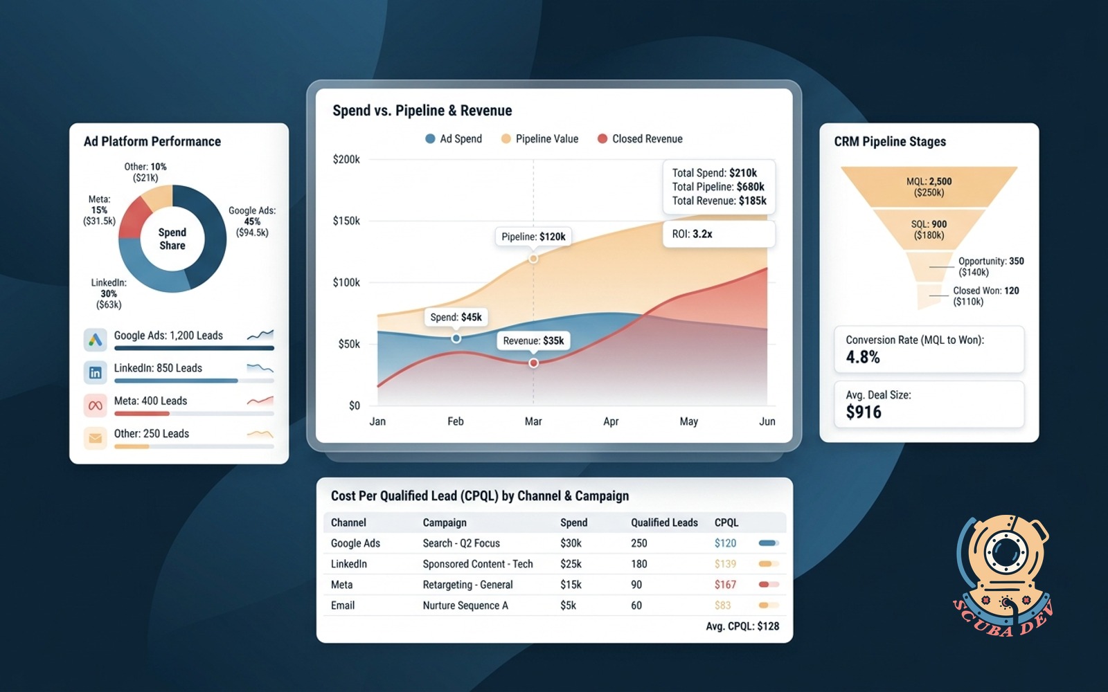 A split screen dashboard displaying Google Ads and Meta Ads spend metrics on the left and HubSpot CRM pipeline stages with closed revenue totals on the right.