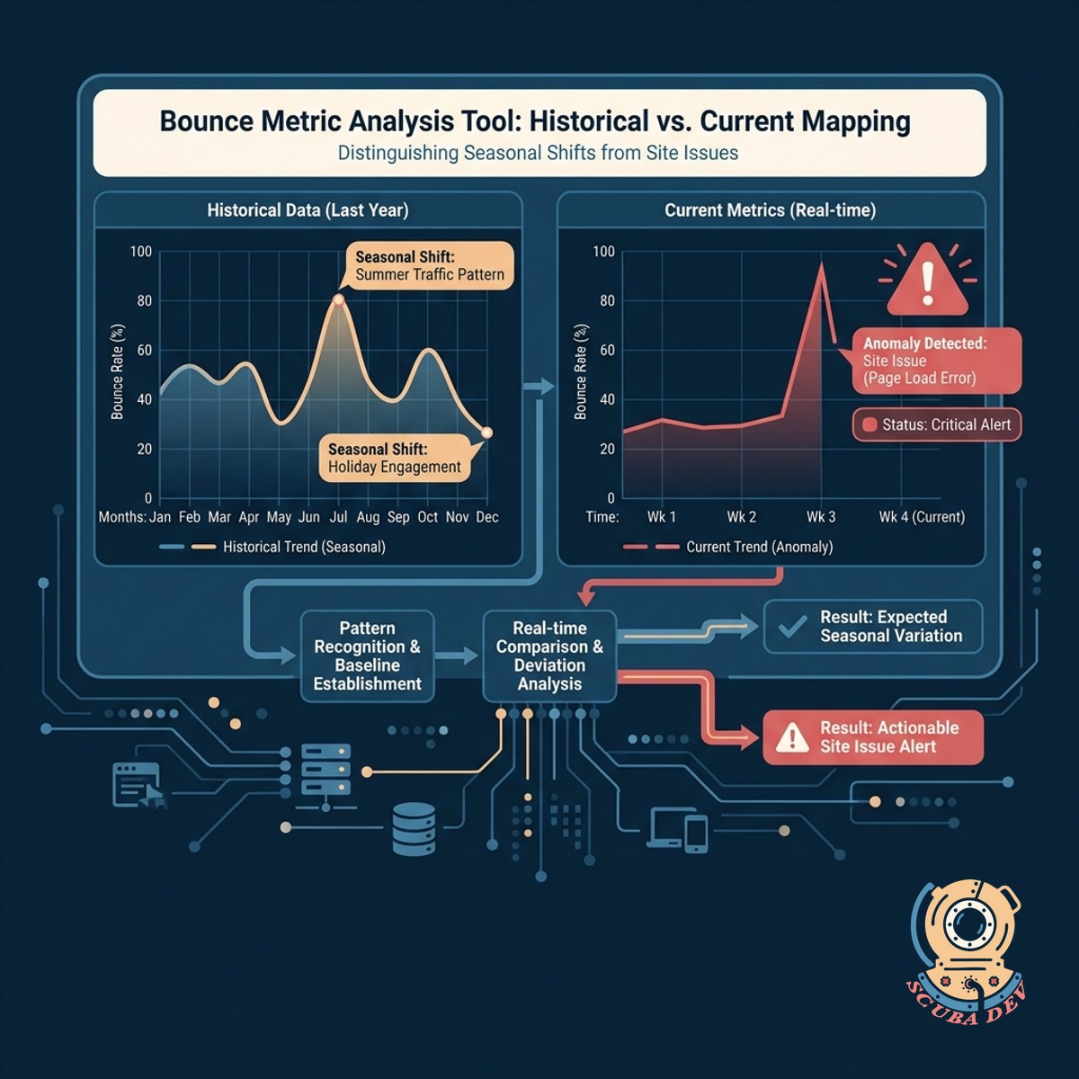 Line chart mapping current bounce rates against a historical baseline to show deviations from normal user behavior.