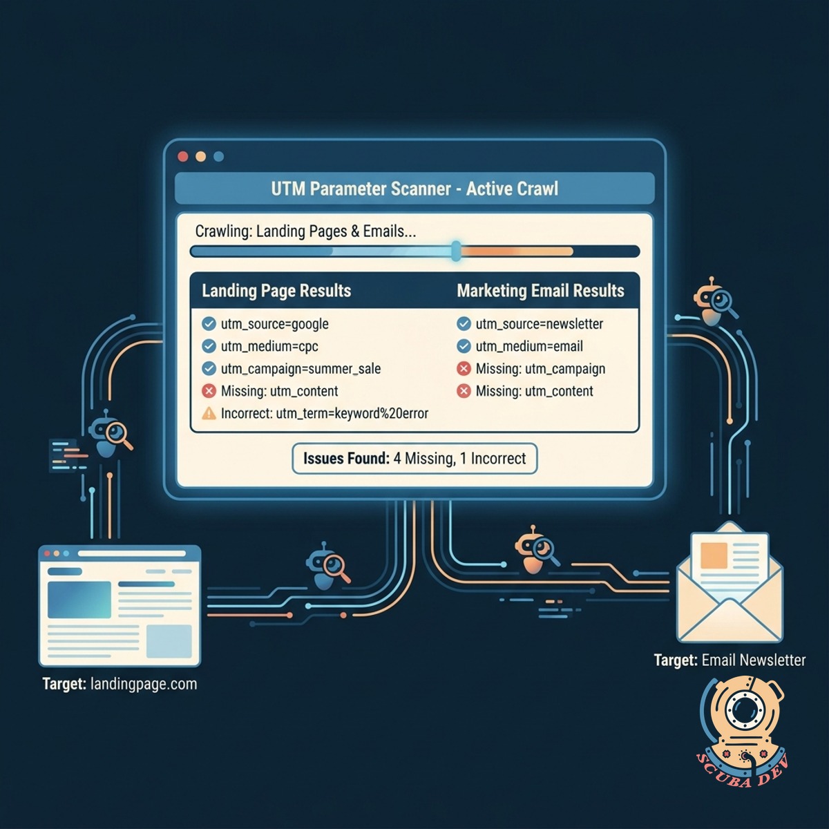 A split screen showing a scanned marketing email on one side and a list of extracted URLs with missing UTM tags on the other.