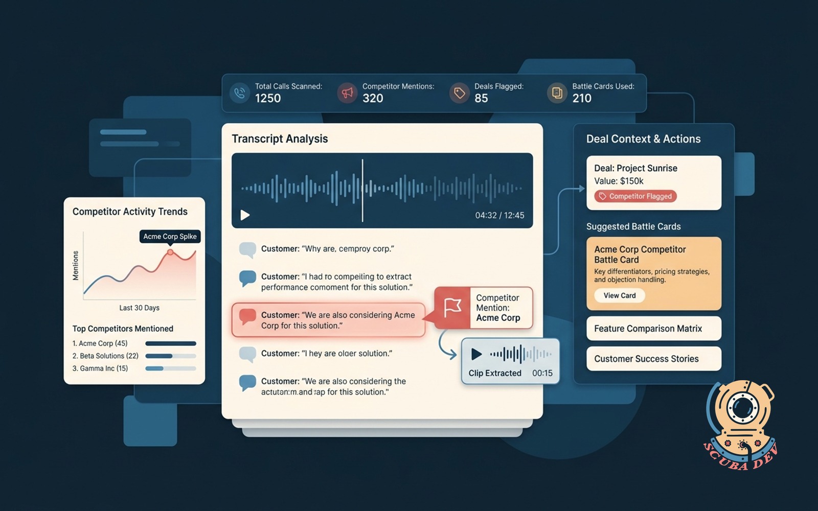 An illustration of an audio waveform being scanned by a software interface that highlights a competitor name and automatically pulls up a relevant strategy document.