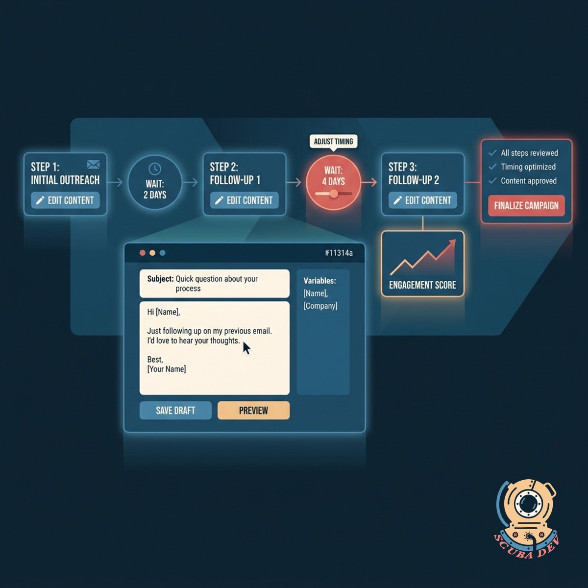 A split screen showing an email editor on one side and a timeline of scheduled messages on the other.