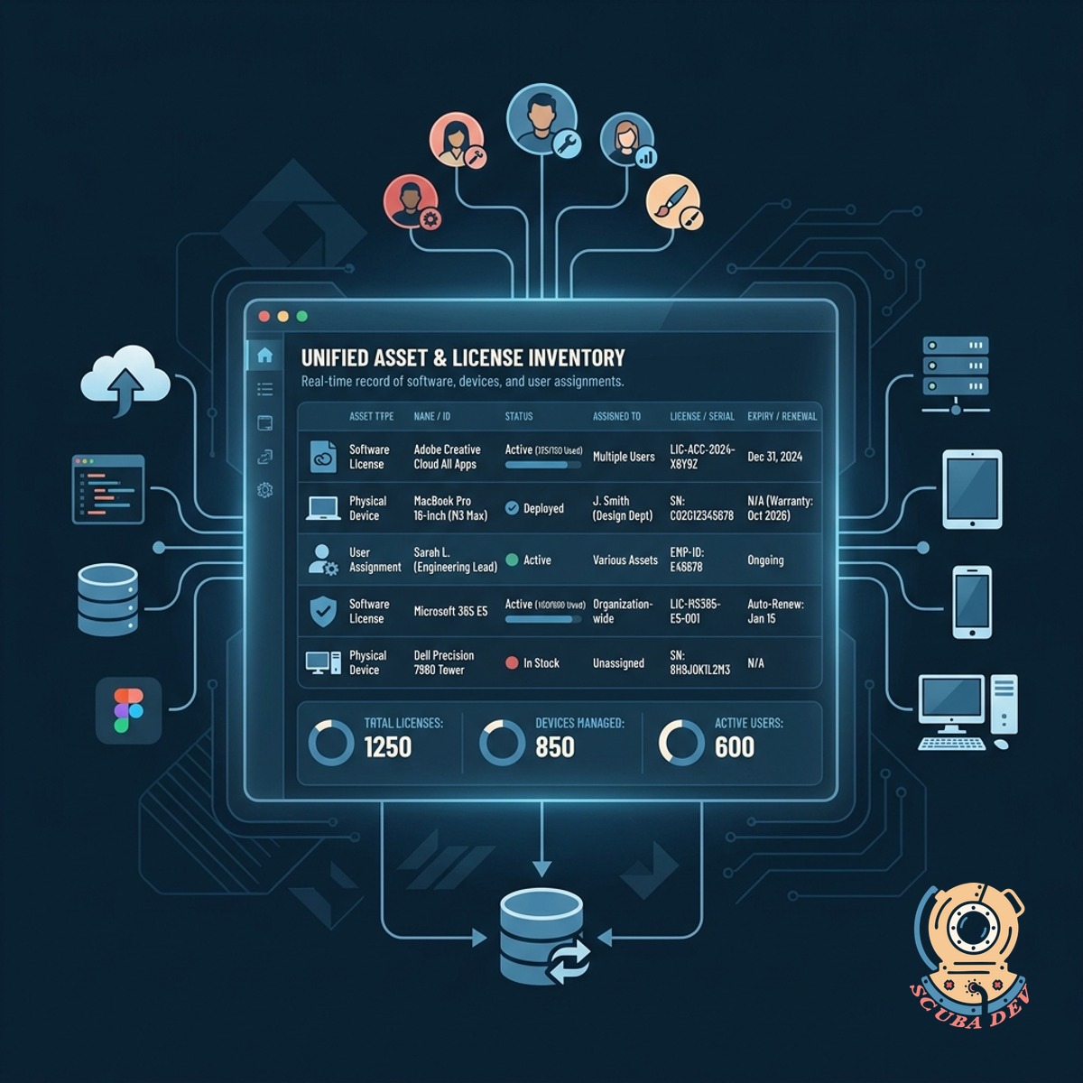 A clean digital database interface showing a list of laptops, monitors, and software licenses assigned to specific user profiles.