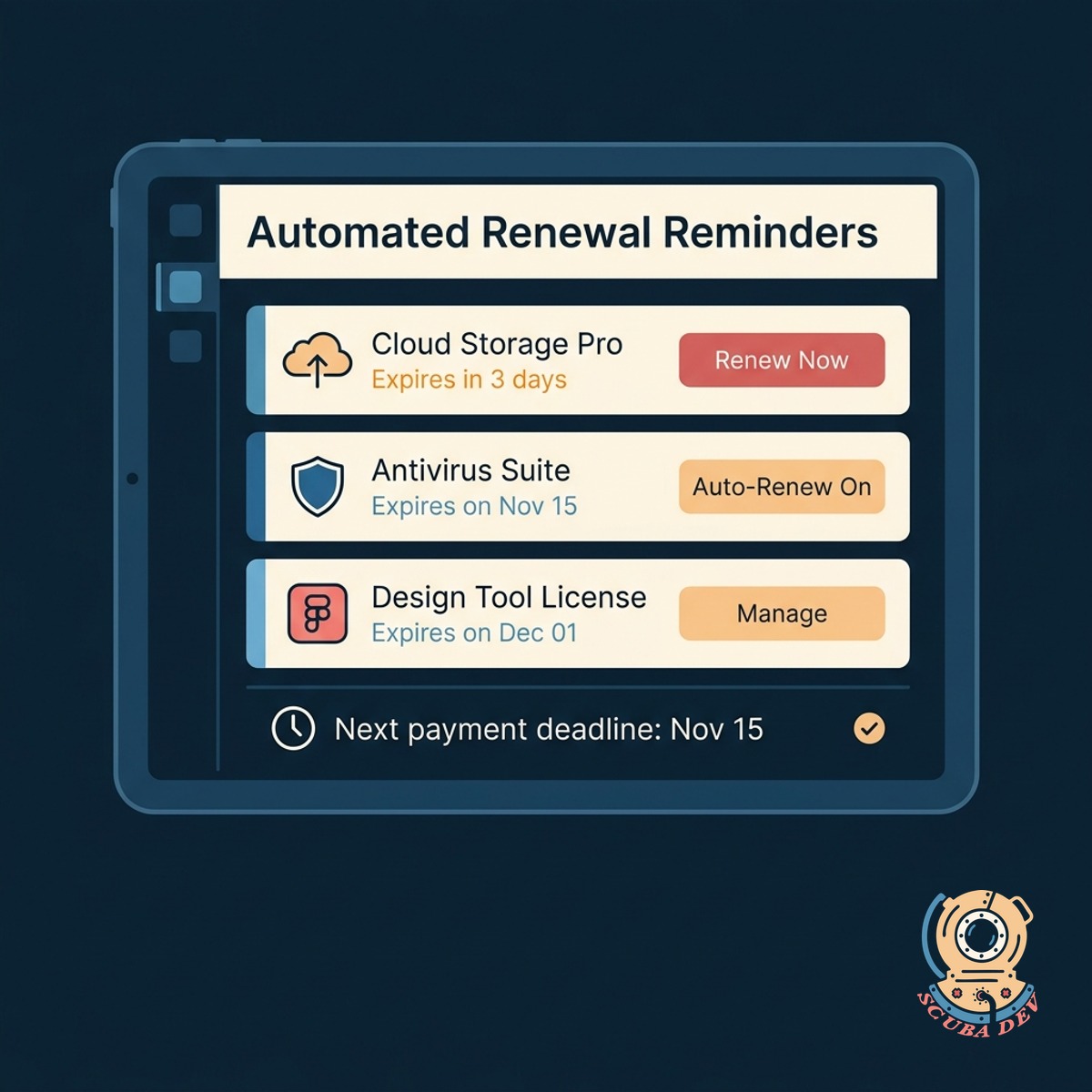 A calendar interface highlighting upcoming software renewal dates with notification bells next to vendor logos.