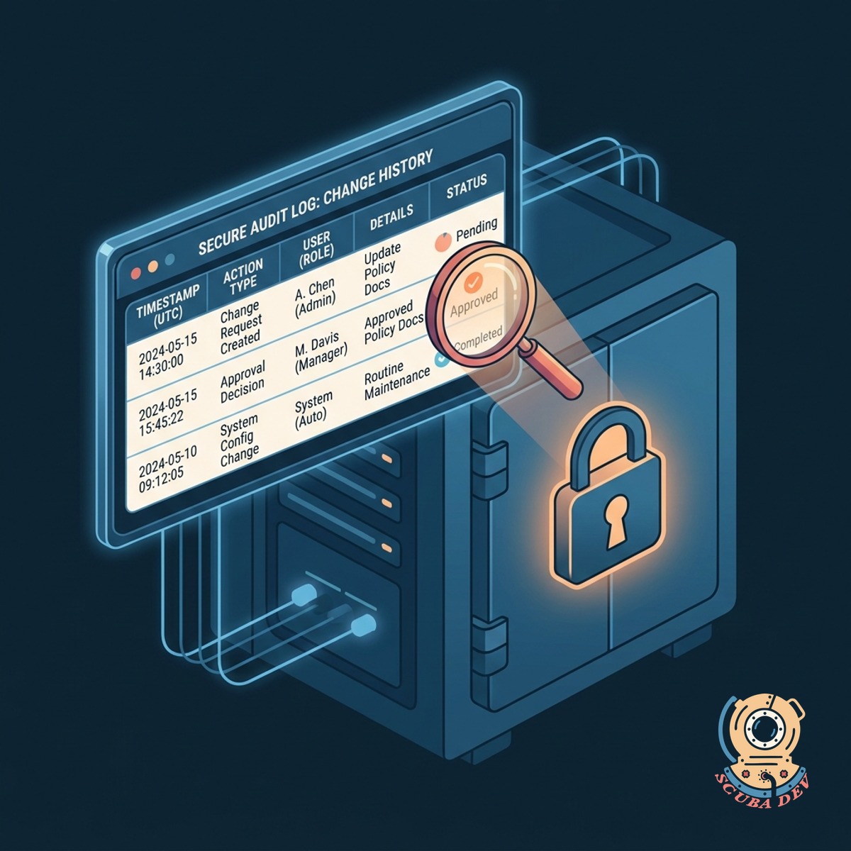 A secure database vault storing detailed logs of change requests with visible timestamps and verified approval checkmarks.