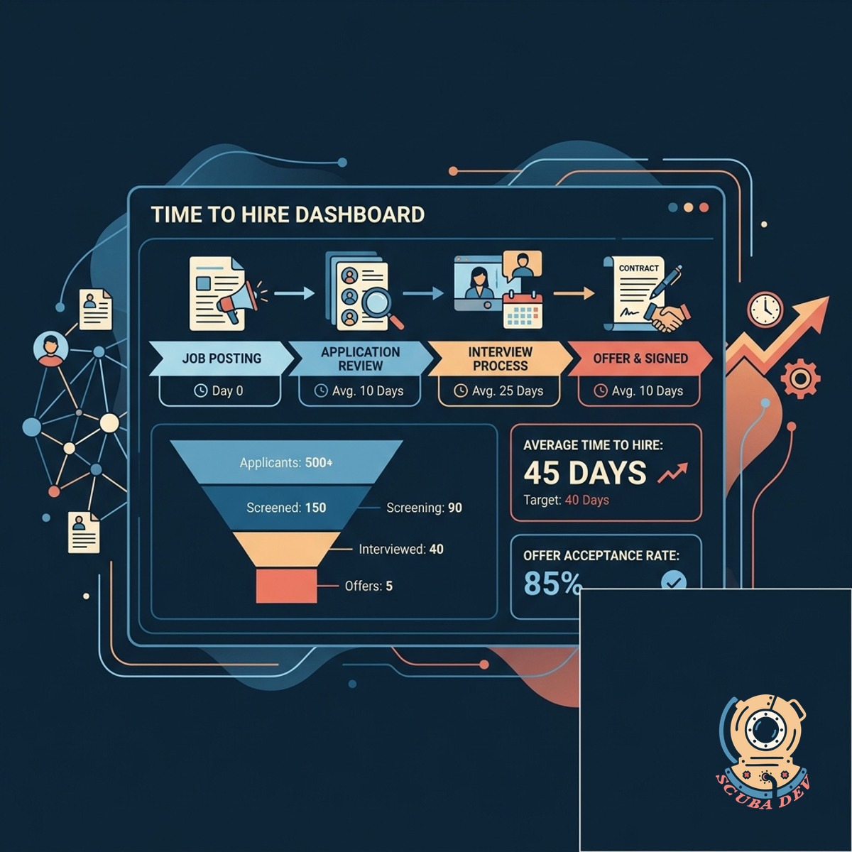 A timeline visualization showing the progression of a candidate through interview stages with day counts between each step.