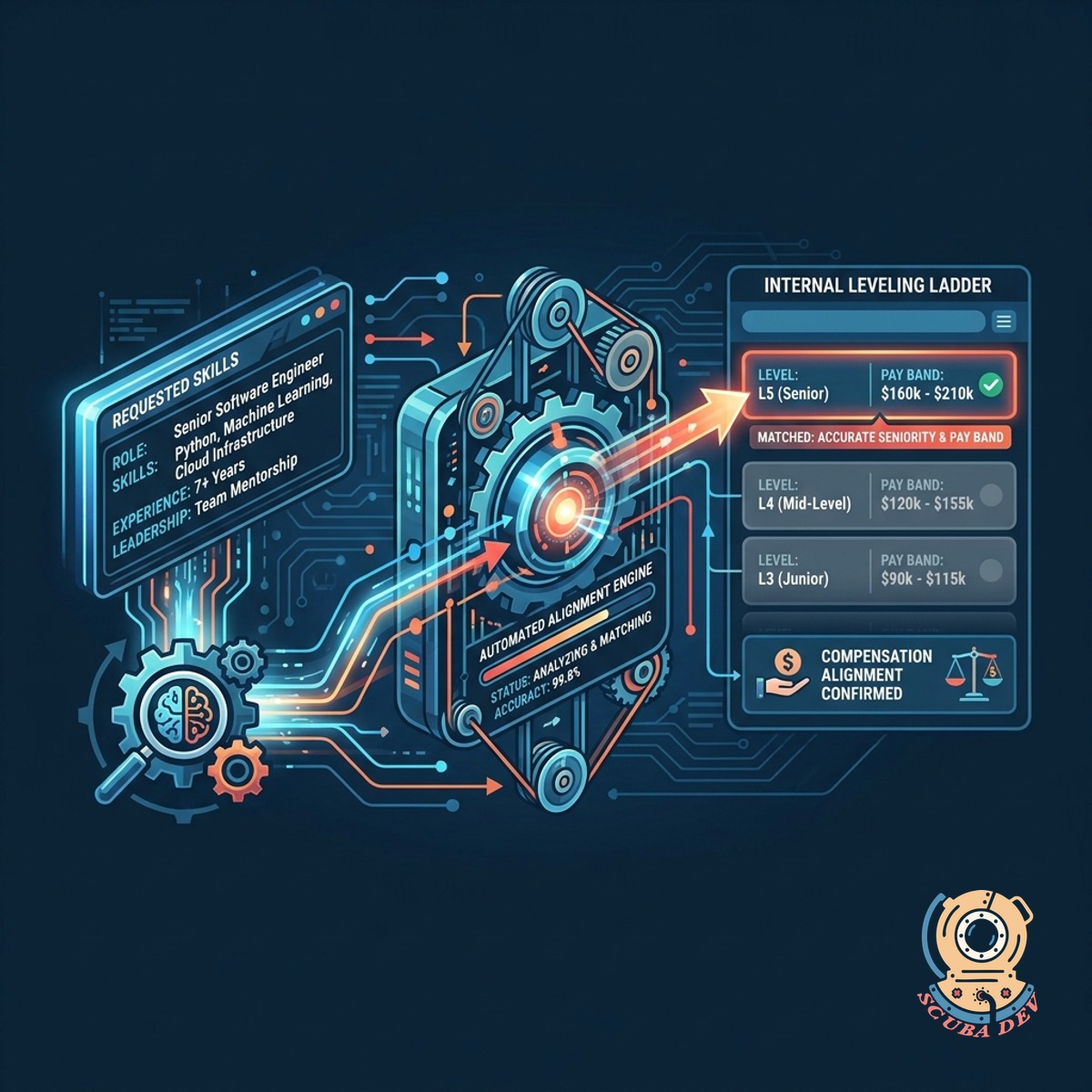 A visual comparison tool matching a list of skills against a predefined leveling matrix and salary band.