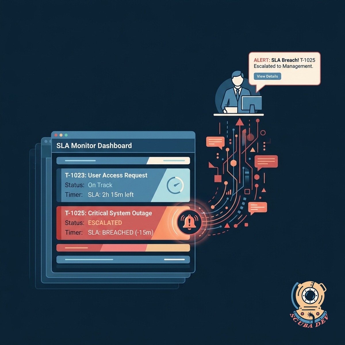 A notification workflow diagram showing an overdue ticket triggering an alert to a manager.