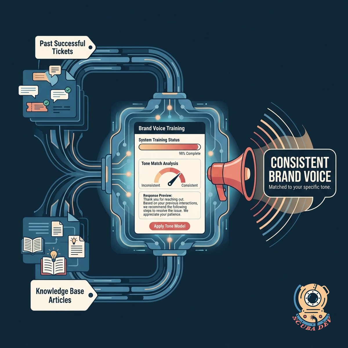 A visual diagram showing documents and past chat logs feeding into a central AI processor that outputs a perfectly formatted customer reply.