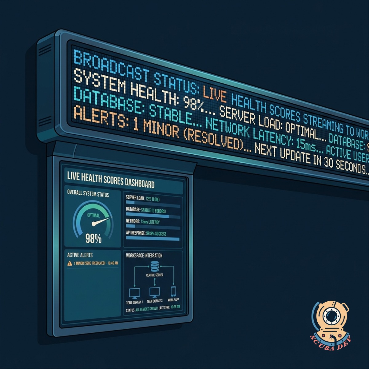 A glowing LED scrolling text display showing customer names and numerical health scores.