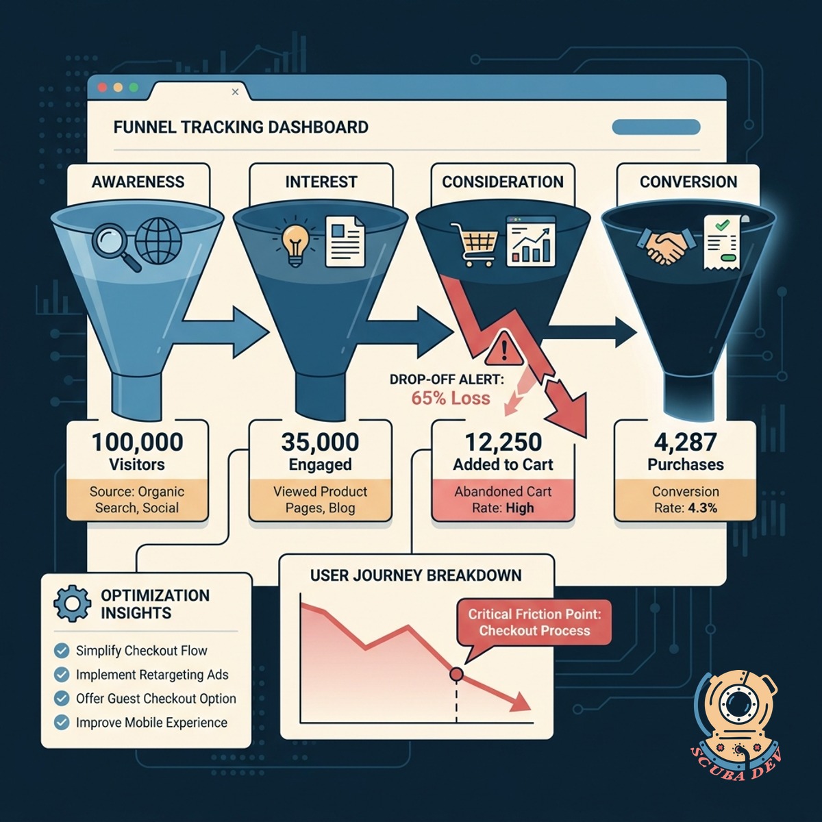 A clean bar chart showing four stages of a user journey with decreasing session counts at each step.