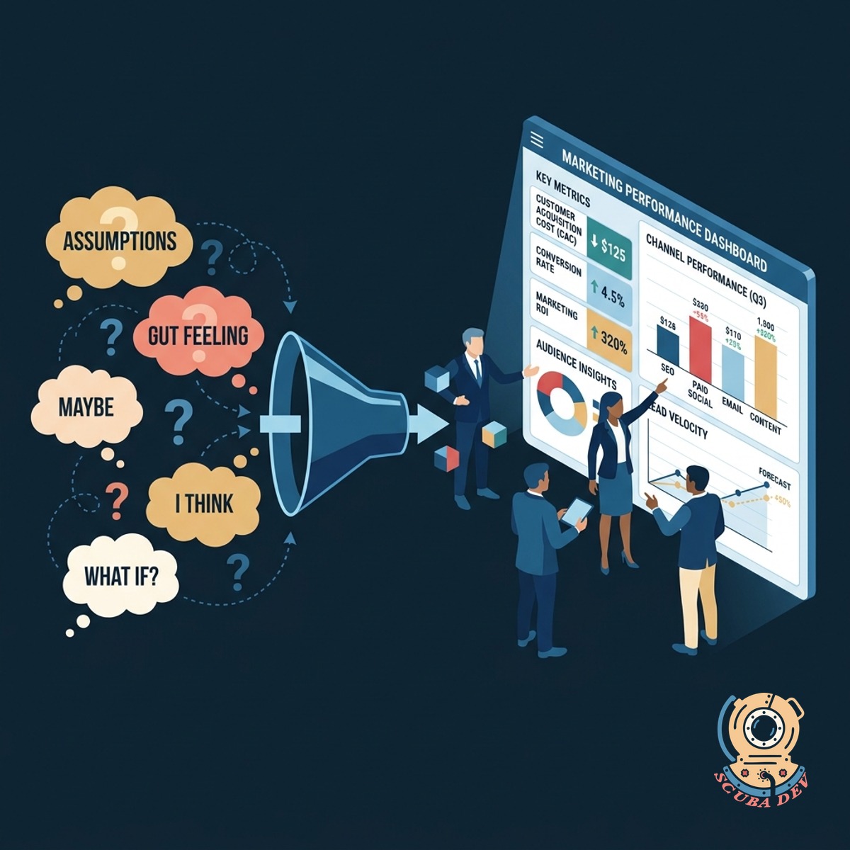 A meeting table graphic overlaid with a clear data chart showing marketing touchpoints leading to a closed deal.