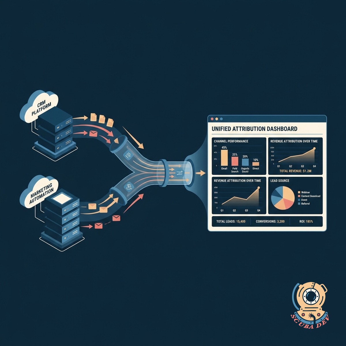 Diagrams connecting logos of Salesforce, HubSpot, and Google Analytics into a single centralized dashboard.