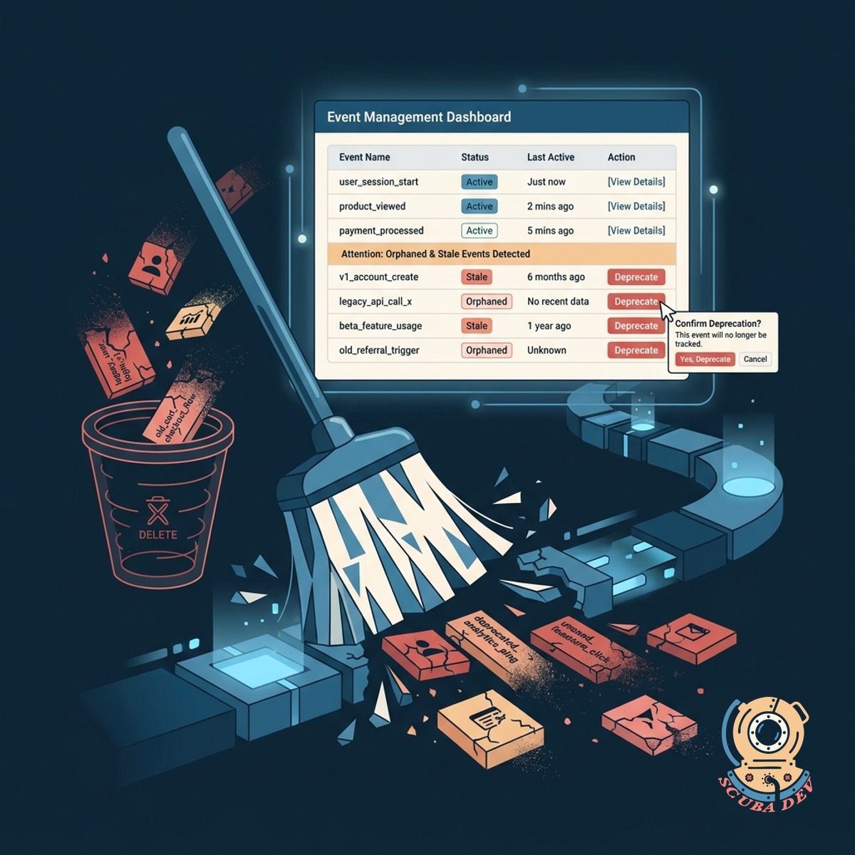 A broom sweeping away faded out data points from a clean analytics dashboard.