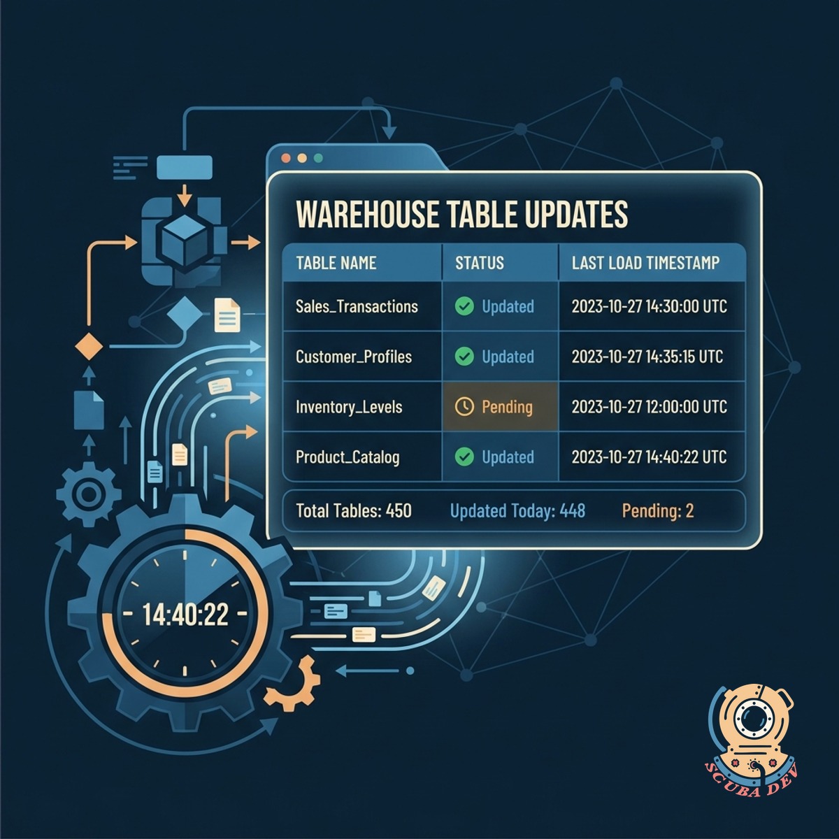 A user interface panel listing database tables with their corresponding last updated timestamps and status indicators.