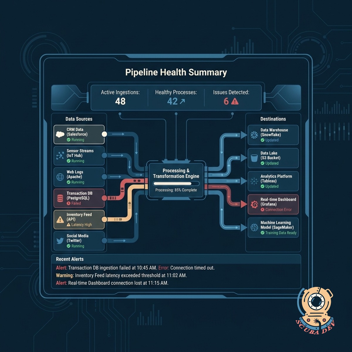 A comprehensive dashboard summary showing aggregate health scores and a timeline graph of data pipeline reliability.