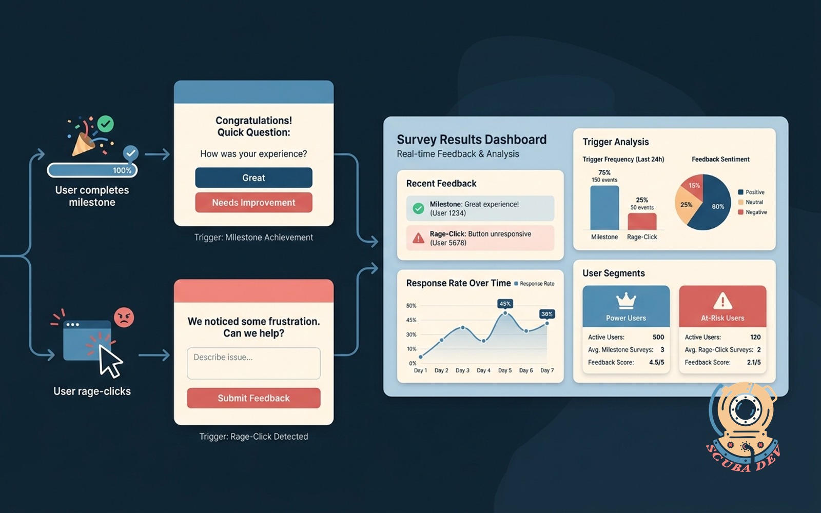 A digital interface showing a clean analytics dashboard with a pop up survey appearing over a user workflow path, highlighting targeted feedback collection.