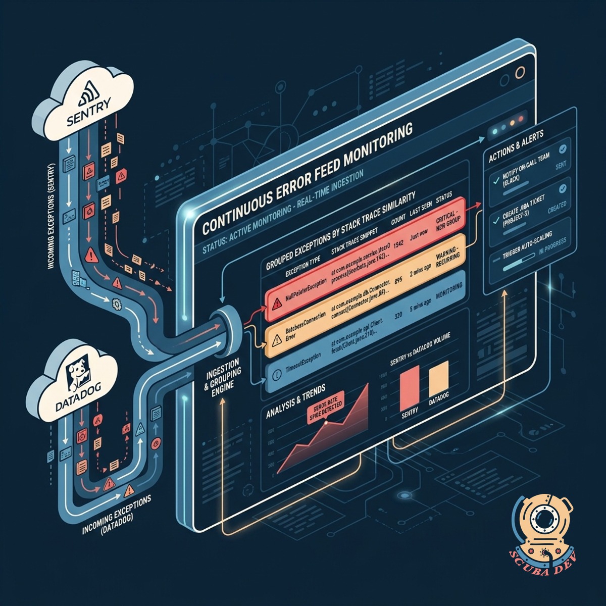 A visual representation of multiple similar error logs merging into a single grouped event card with a frequency counter.