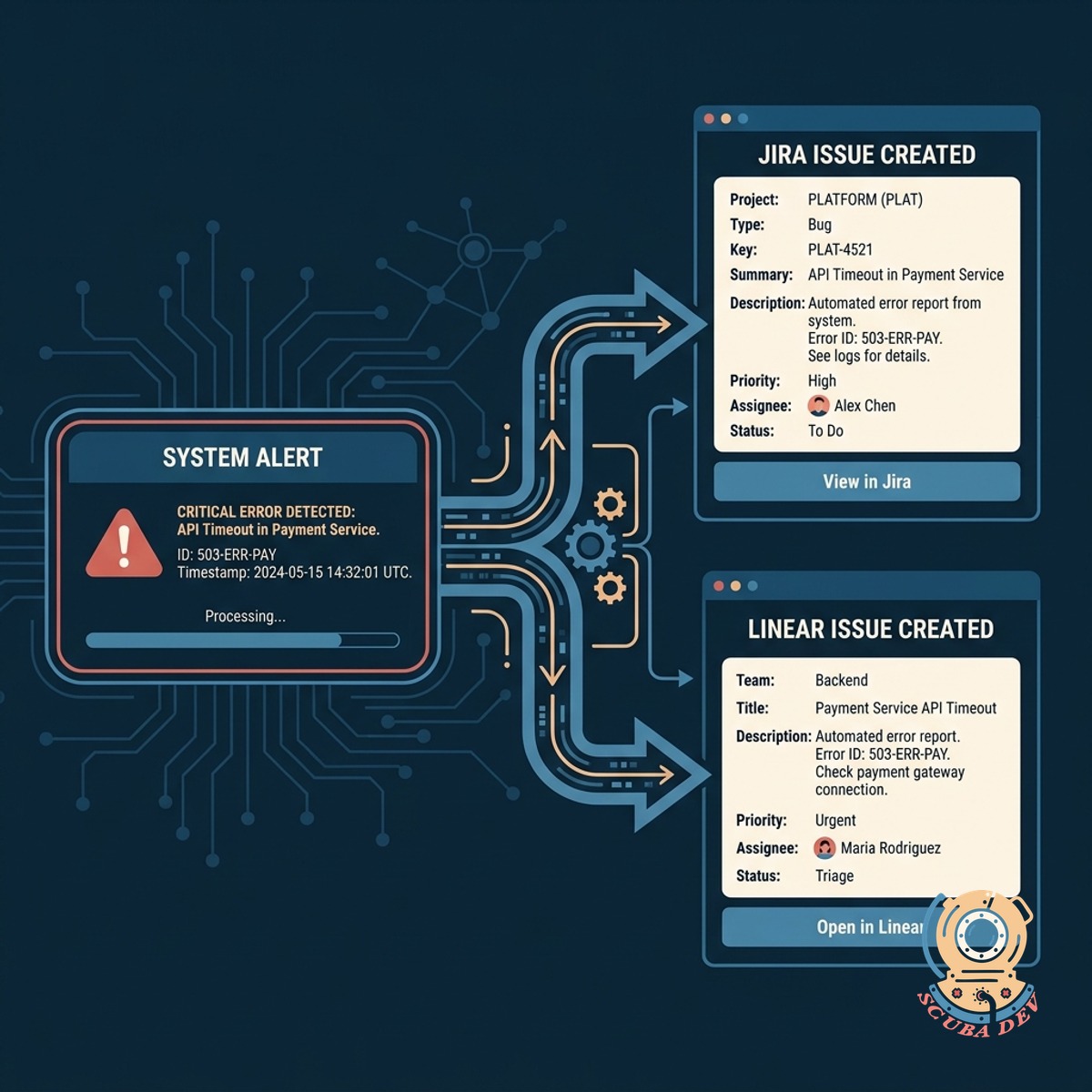 A workflow diagram showing an error log triggering the creation of a detailed bug ticket in a project management board.