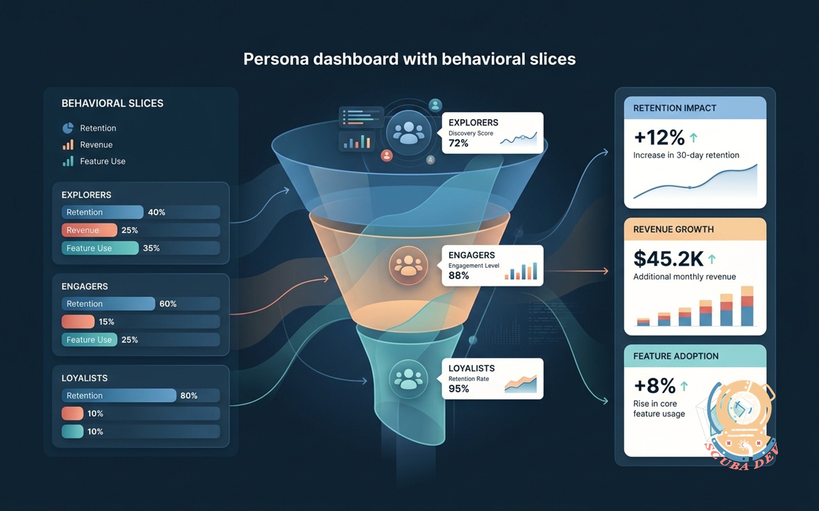 A dashboard interface showing user groups categorized by their actions alongside charts displaying retention rates and revenue metrics for each behavioral segment.