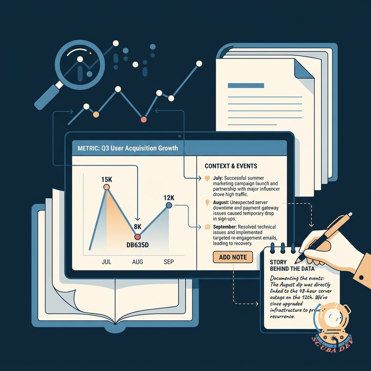 A text input area next to a data chart where team members can write notes explaining recent metric changes.