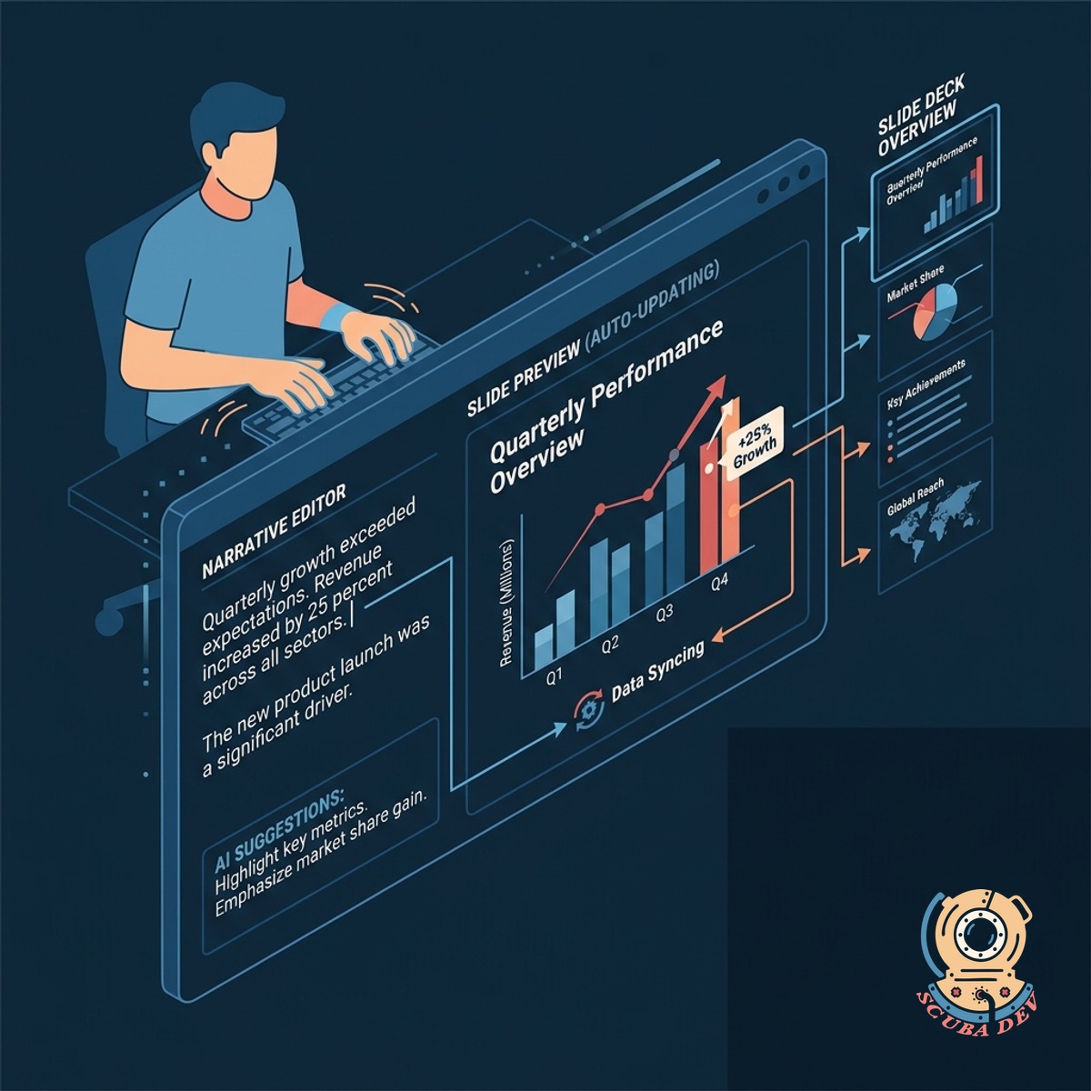 A presentation slide being edited where the text narrative remains editable while the financial figures show a loading state before updating.
